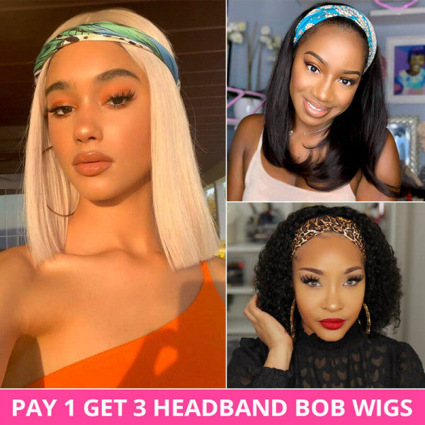 Pay 1 Get 3 Human Hair Headband Bob Wigs With Headbands Attached