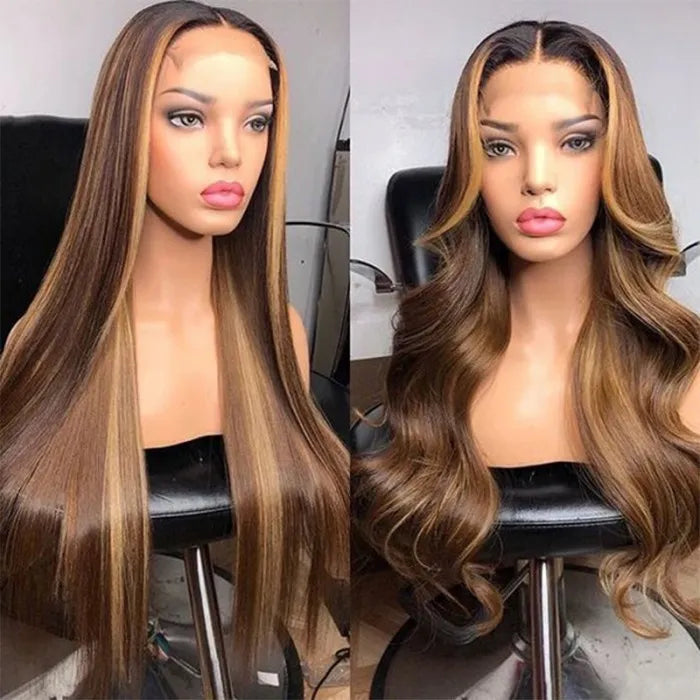 Rich Brown Hair With Honey Blonde Highlights T Part Wig Straight Human Hair