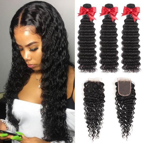 3 Bundles Deep Wave With 4x4 Lace Closure