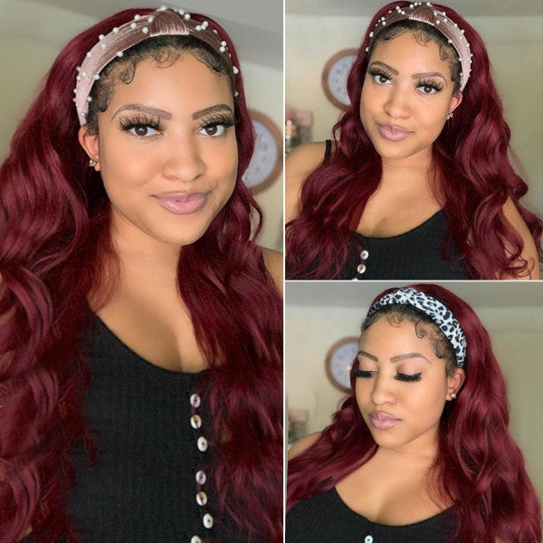 99J Burgundy Color Headband Wigs For Straight Body Deep Curly Texture