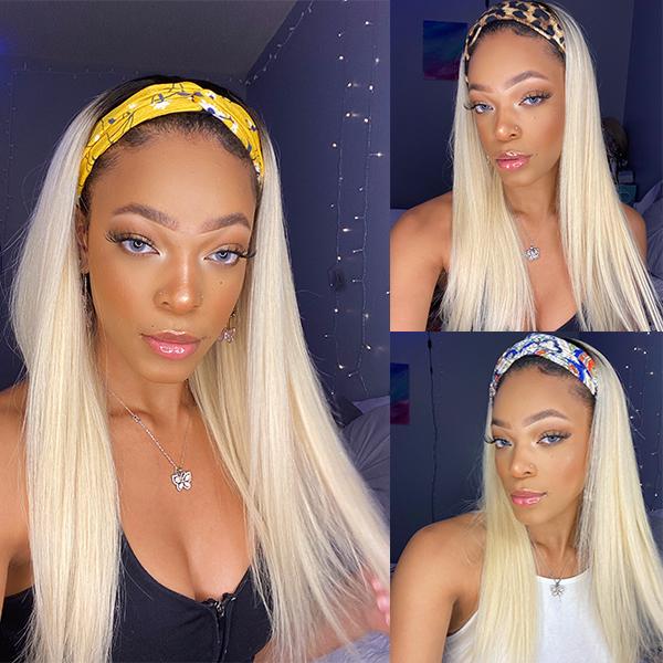 Blonde Color #1B/613 Human Hair Wigs With Hair Headbands