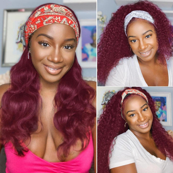 99J Burgundy Color Headband Wigs For Straight Body Deep Curly Texture