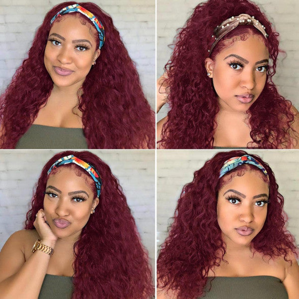 99J Burgundy Color Headband Wigs For Straight Body Deep Curly Texture